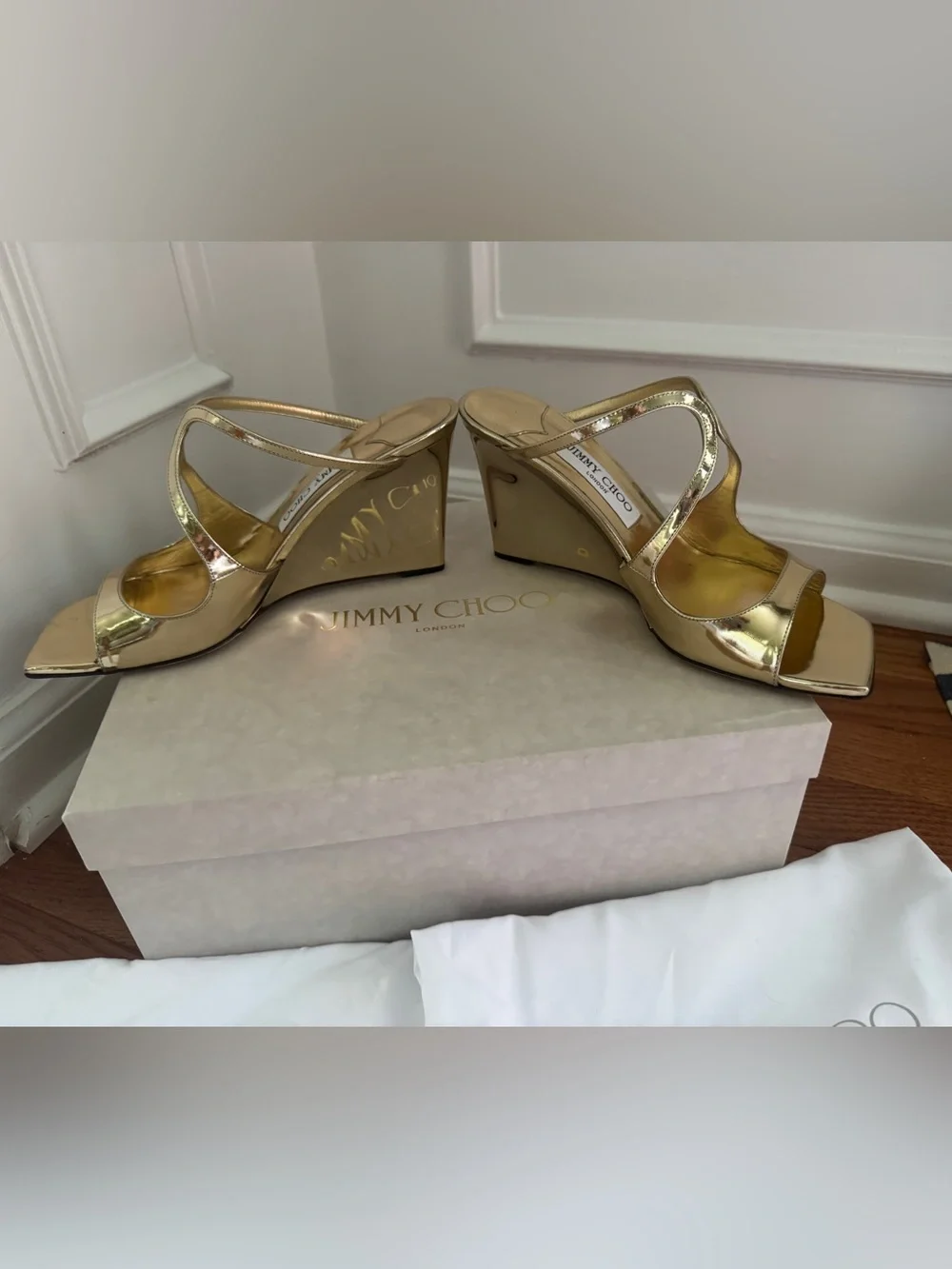Jimmy Choo Gold Anise Liquid Metal Wedge Sandals 38.5